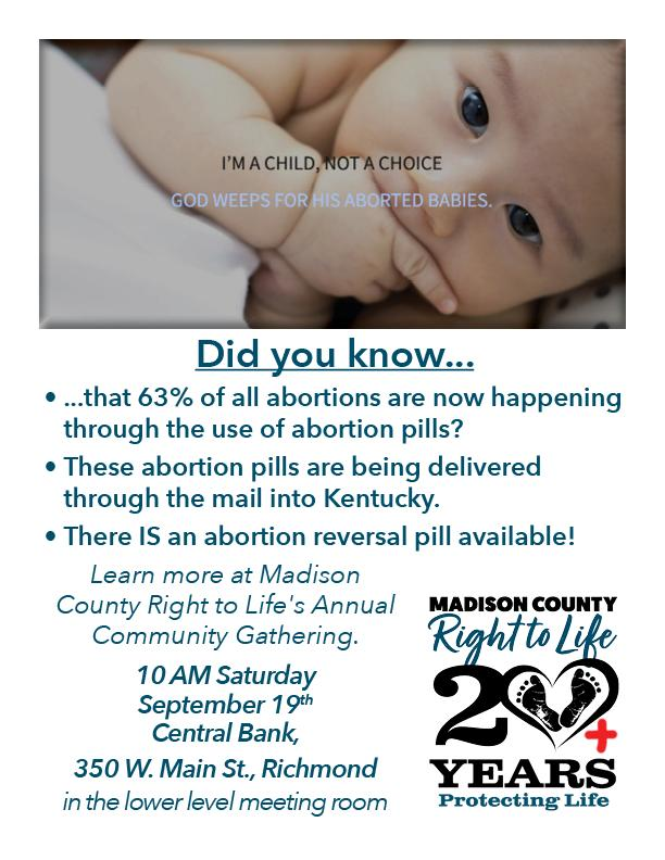 Event flyer for Madison County Right to Life annual community gathering with baby photo and event details